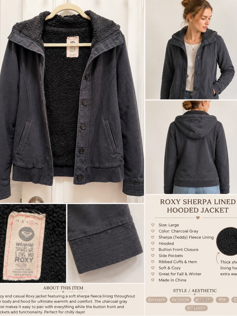 Roxy Sherpa Lined Hooded Jacket L Gray Charcoal Cozy Fleece